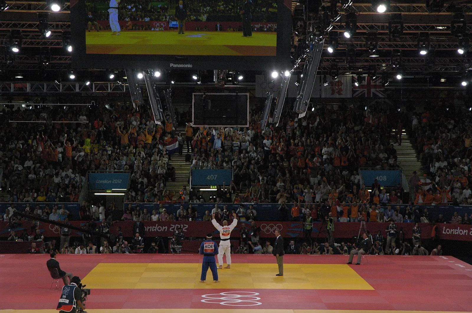 A judo bronze medal match at the London 2012 Olympics. The picture is not from Gainesville.