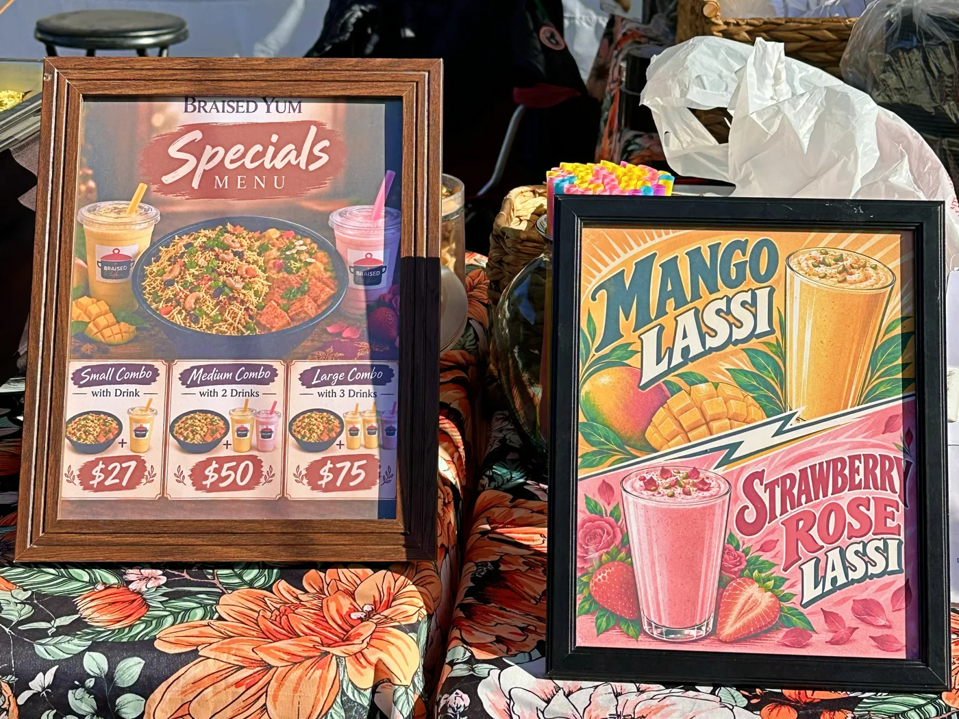 The specials board and the mango and strawberry-rose lassis