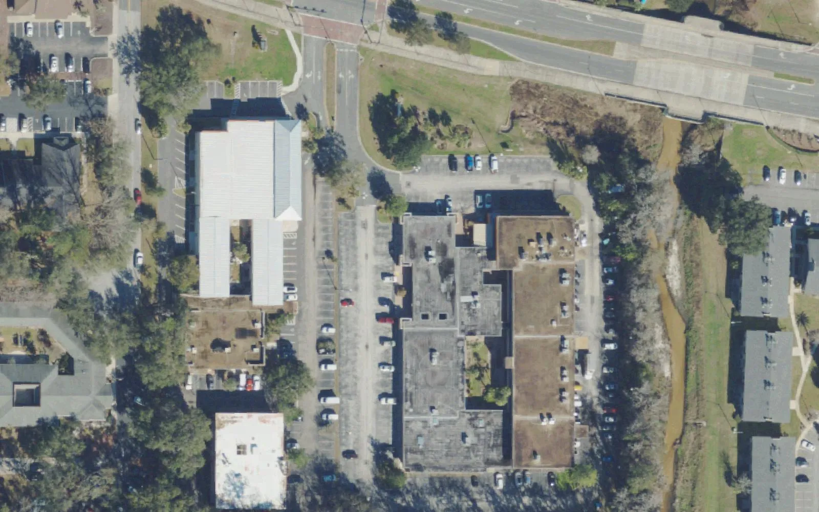 The Creekside Mall buildings on SW Second Avenue in Gainesville, home of Acrosstown Repertory Theatre, seen from the air.