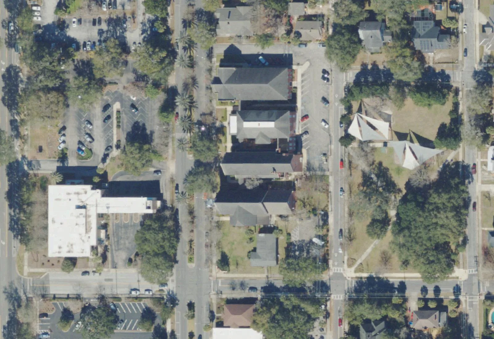 First United Methodist Church's campus on NE First Street, just north of downtown Gainesville, seen from the air.
