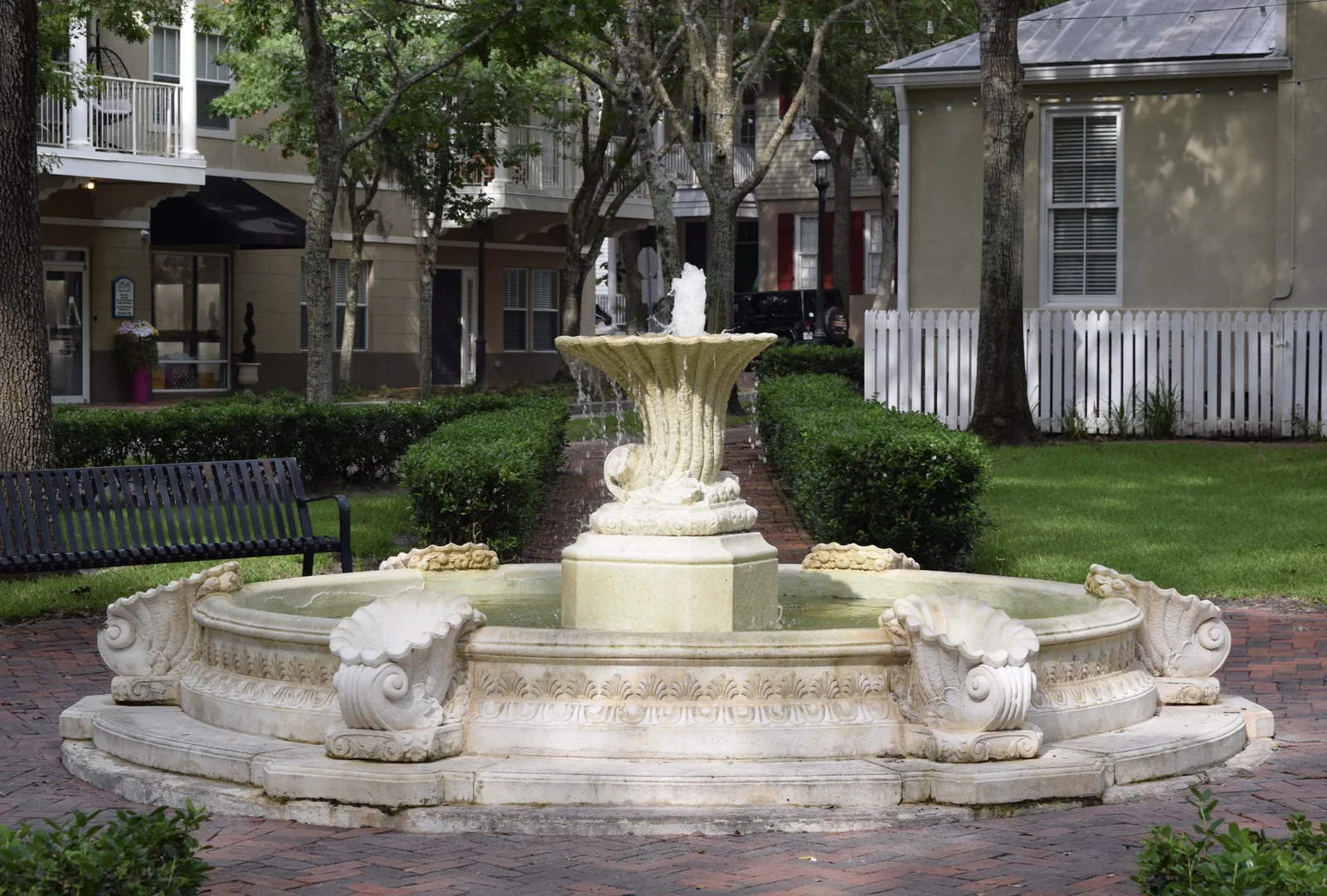 The fountain on the village square in Haile Village Center, southwest Gainesville, where the Haile Farmers Market sets up on Saturdays.
