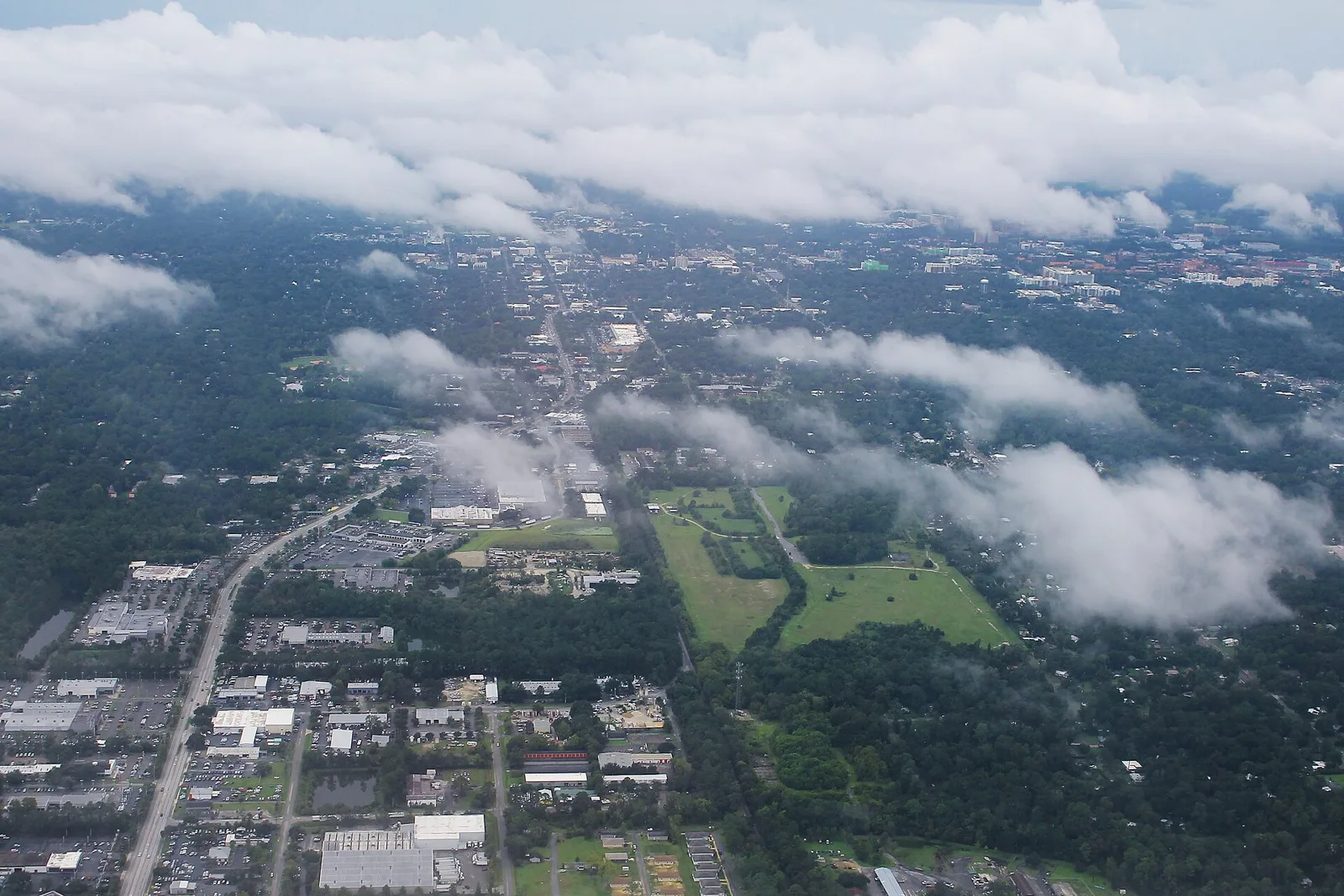 Gainesville from the air, looking north along Main Street toward downtown and the University of Florida.