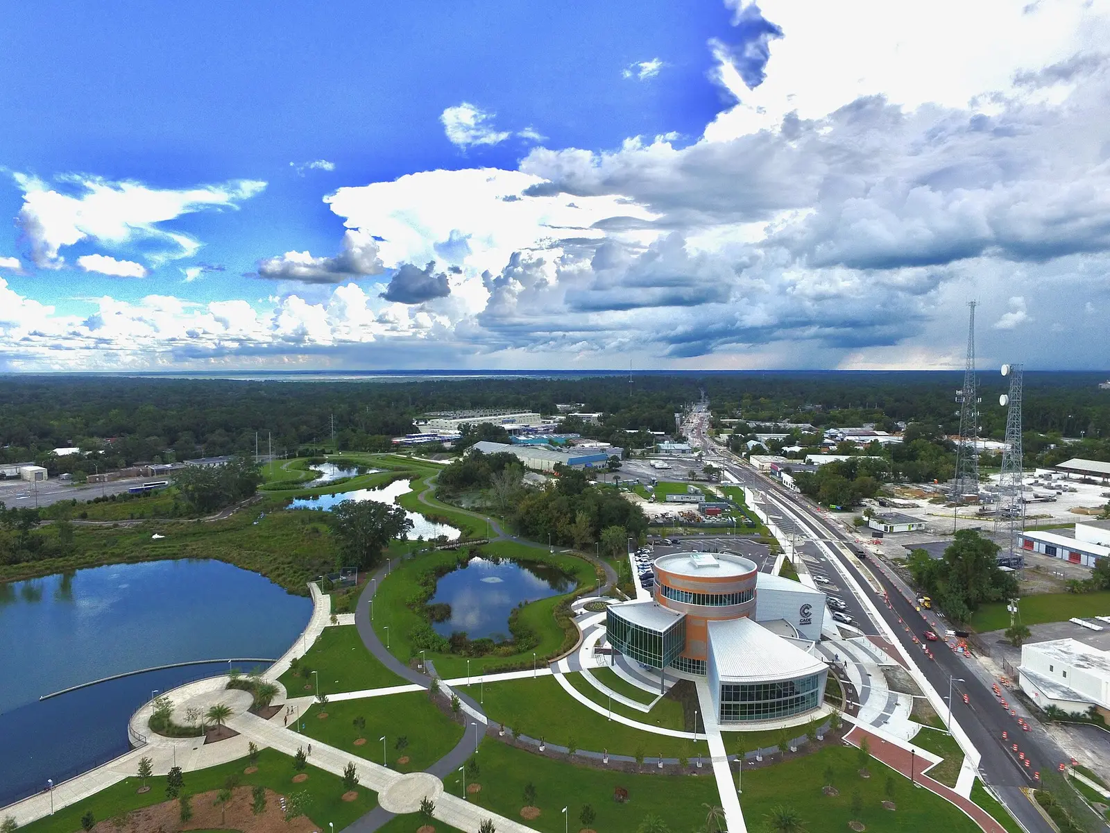 The Cade Museum for Creativity and Invention and the ponds and paths of Depot Park, seen from above.