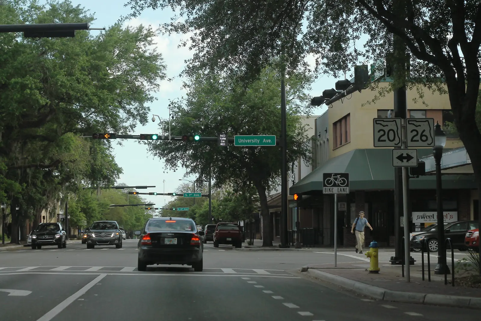 Main Street at University Avenue in downtown Gainesville, the corner where the city's street grid divides into northwest, northeast, southwest and southeast
