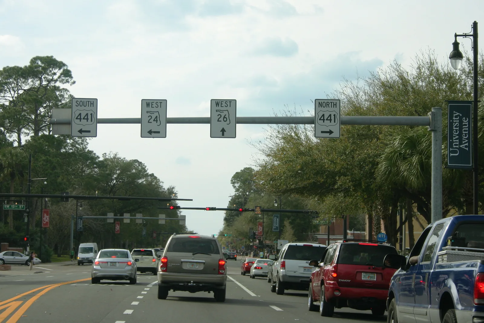 West University Avenue approaching 13th Street, U.S. 441, in Gainesville; University Park begins on the north side of University Avenue west of 13th Street
