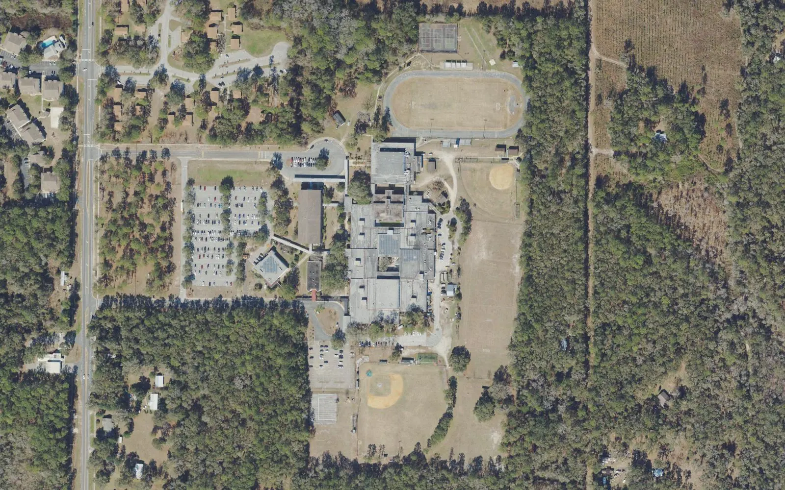 Eastside High School's campus and athletic fields on SE 43rd Street in Gainesville, seen from the air