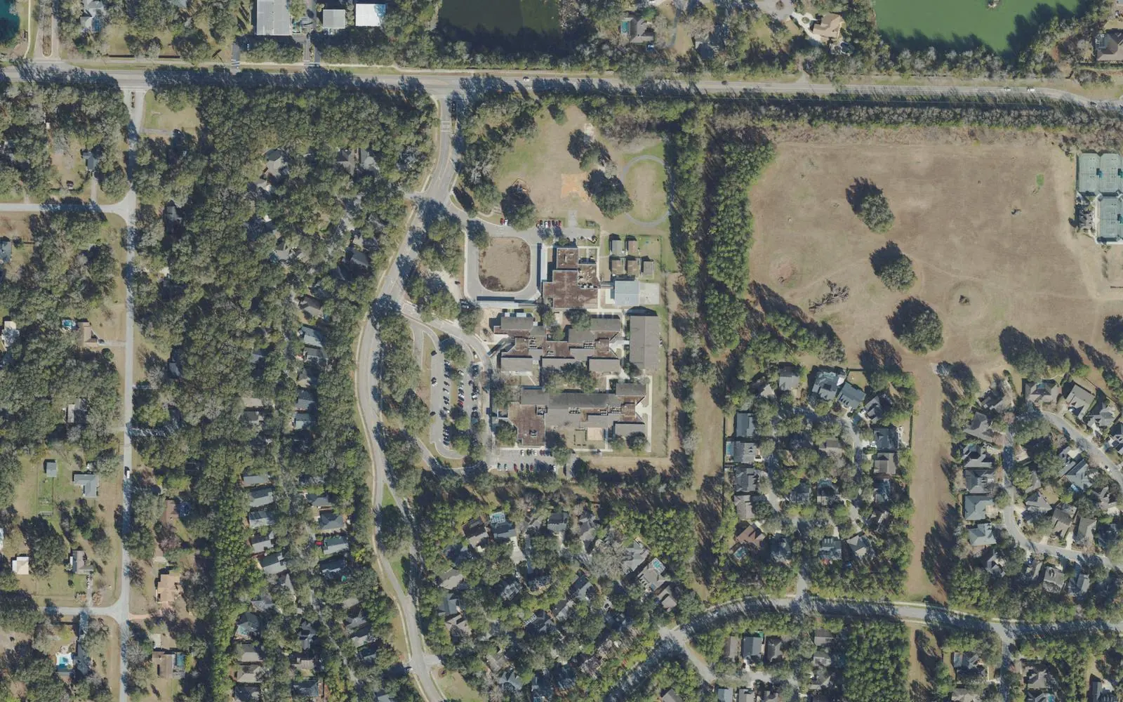Lawton M. Chiles Elementary School's campus on Schoolhouse Road, west of Gainesville, seen from the air