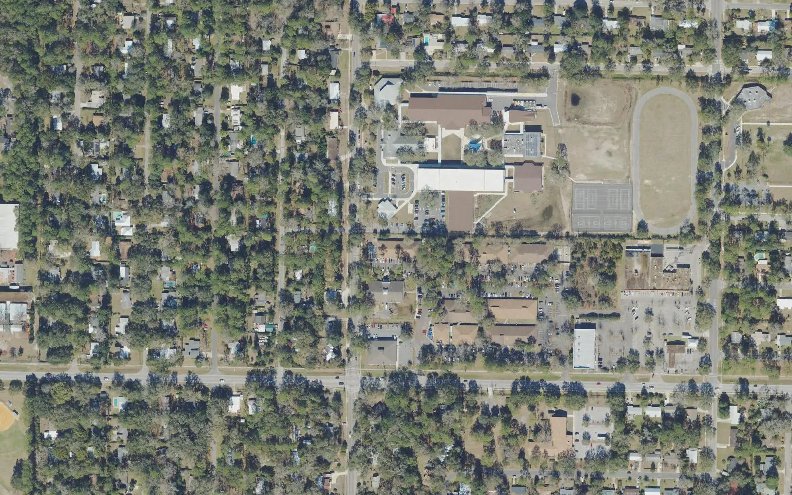 The area around Resilience Charter School on NE Ninth Street in Gainesville, with Howard W. Bishop Middle School to the north, seen from the air