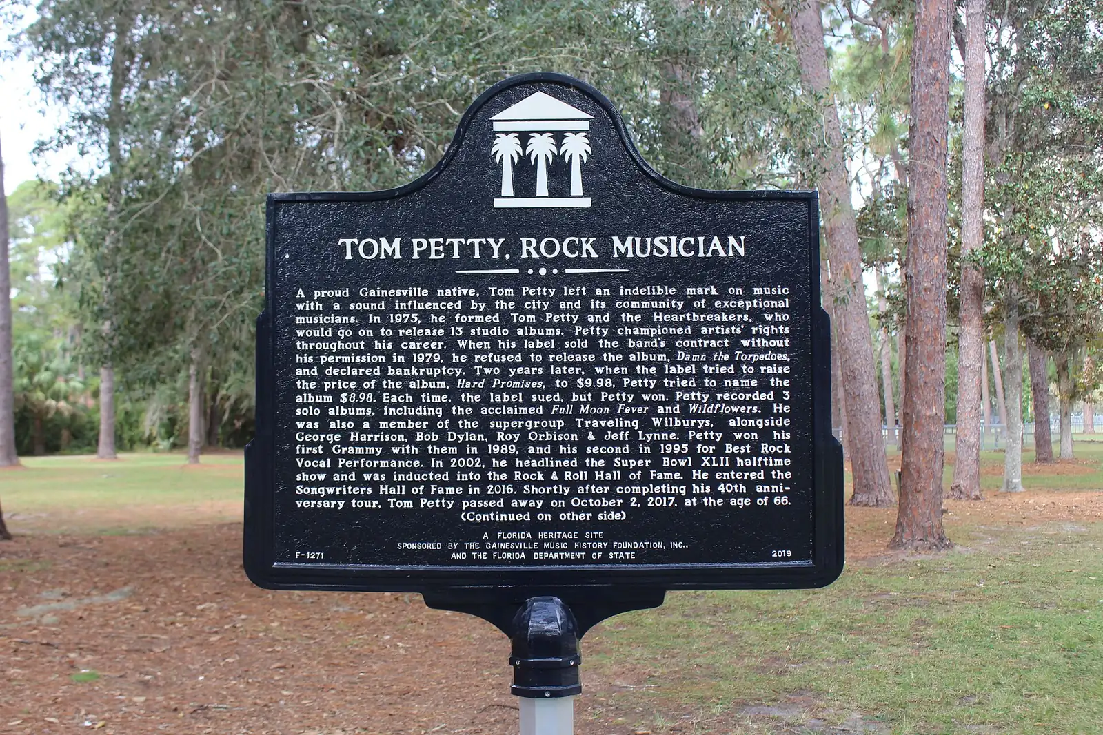 The Florida Heritage marker for Tom Petty in Tom Petty Park, Gainesville.